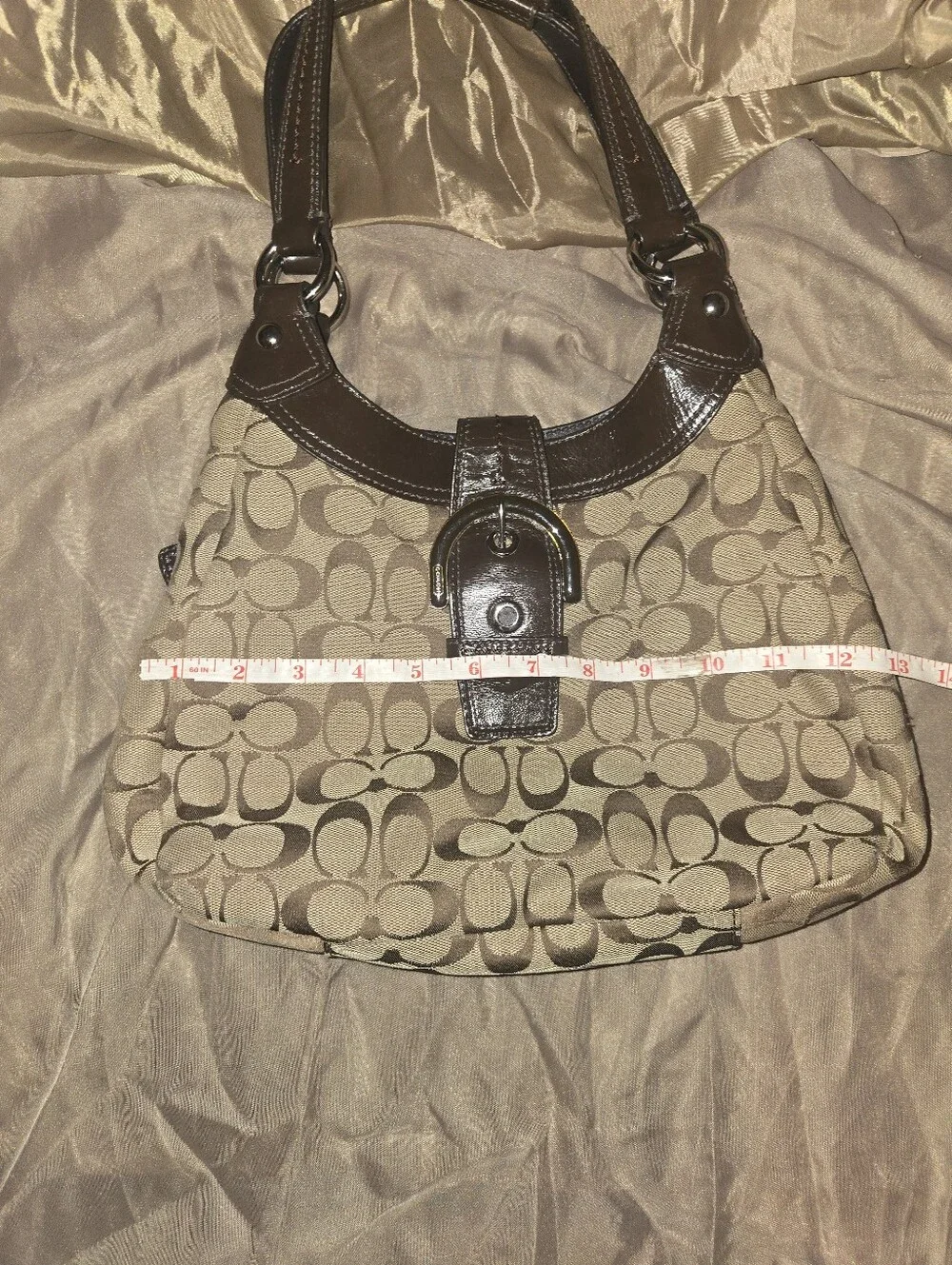 Coach Signature Canvas Hobo Bag in Khaki and Dark Brown